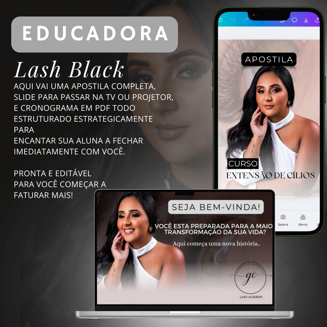 Material Educadora Lash Black: apostila editável e slides do curso de extensão de cílios